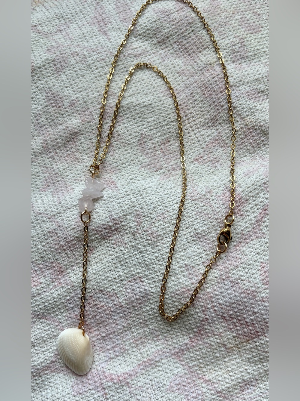 HANDMADE Gold Chain Necklace with Pale Pink Rose Quartz and Shell Pendant